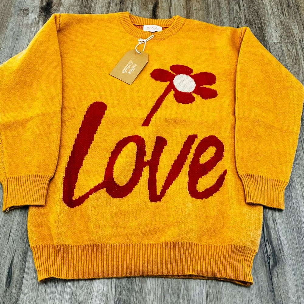 LISTICLE Mustard Yellow/Orange Sweater with Reddish Orange “Love” and Flower. S.